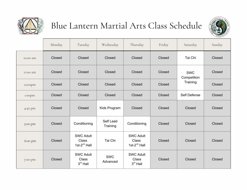 Martial arts class schedule with various activities.